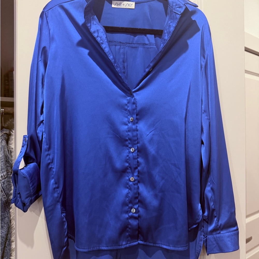 She + Sky Royal Blue Satin Button Down Shirt